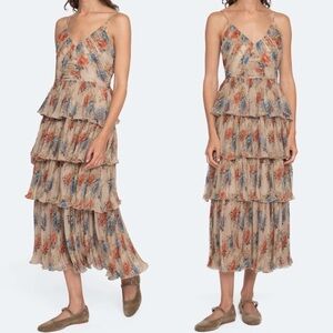 Sea New York Roanne Floral Print Pleated Ruffle Tiered Sleeveless Midi  Dress